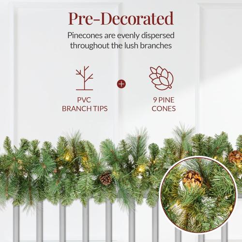 Best Choice Products 9ft Pre-Lit Christmas Garland Holiday Décor for Stairs, Mantel, w/Pine Cones, 2-in-1 White & Multi LED Lights