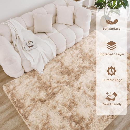 Litanika 4x6 Shag Area Rug for Living Room Bedroom, Tie-Dyed Beige High Pile Soft Plush Shaggy Furry Cream Bedside Playroom Dorm Carpet, Non-Slip, Non-Shedding Modern Indoor Floor Rug