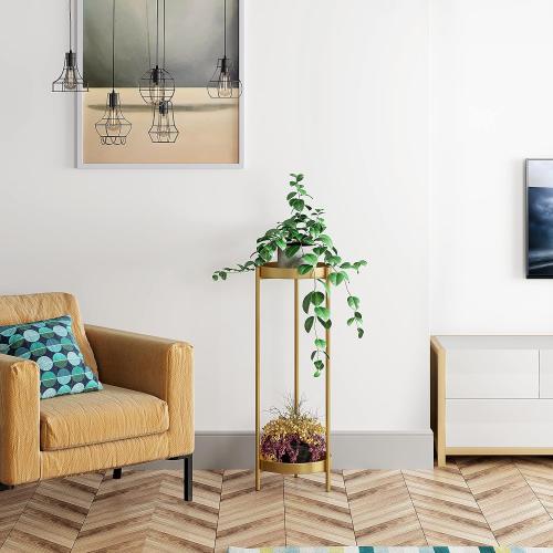 Set of 2 Size 2 Tier Color Gold  Metal Flower Plants Holder with 2 Removable Display for Indoor or Outdoor,Pot Plant Planter Display (Gold 2P)