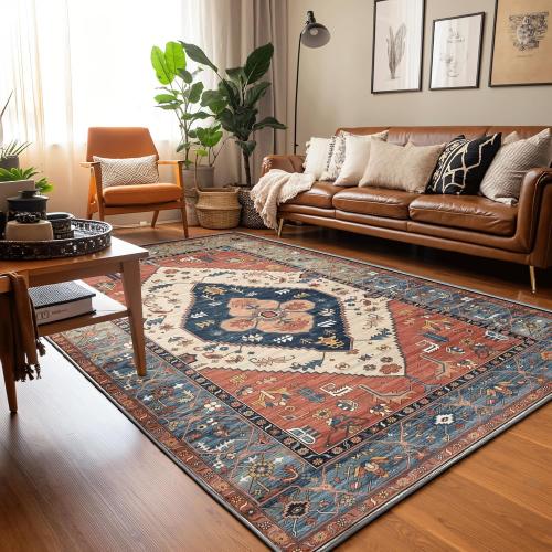 Size 6x9 Boho Floral Area Rug 6x9 - Rustic Oriental Southwestern Style with Aztec Inspired Patterns, Soft Machine Washable Non-Slip Rug, Vintage Rust Colored Rug for Living Room, Bedroom, Dining Room.