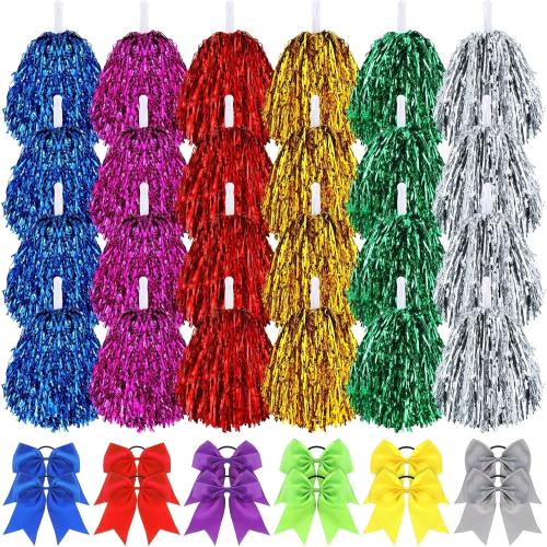 36 Pcs 10 Inch Cheerleading Pom Poms Bulk and 7 Inch Large Cheerleading Hair Bow for Girl Cheer Pompoms Accessories for Sport Events Dance Party Basketball Football Team