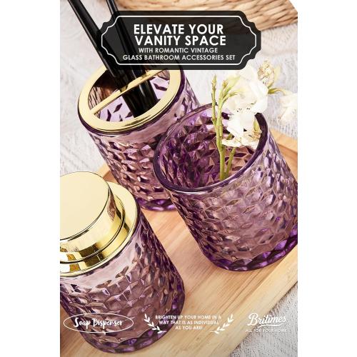 Purple Bathroom Accessories, 4Pcs Purple Bathroom Accessory Set Complete, Toothbrush Holder Set, Soap Dispenser, Qtip Holder, Tumbler, Perfect for Bathroom Decor and Vanity
