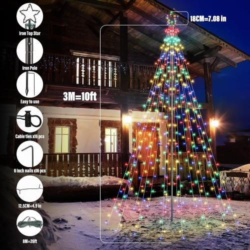 Lomotech Christmas Tree Lights - 10Ft 404 LED with 7.08 Topper, Remote Controll Waterproof Iron Pole Waterfall Lights for Outdoor Christmas Decorations (Multicolor)