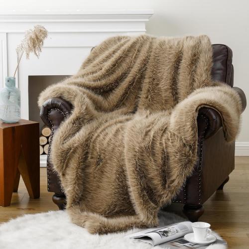 BATTILO HOME Luxury Tan Fluffy Faux Fur Throw Blanket, Cozy Warm Large Fur Blanket for Couch, Sofa, Chair, Bed, Plush Fuzzy Fur Throws with Long Pile, 60x80(Khaki)