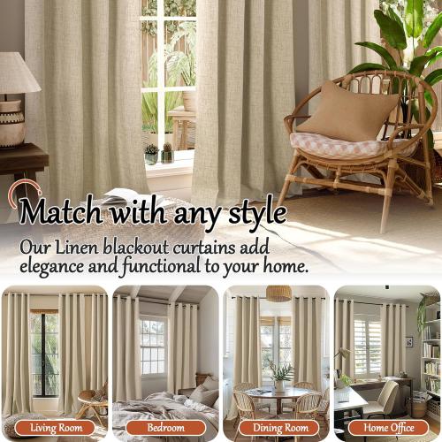 Faux 100% Blackout Curtains for Bedroom 63 Inch Length 2 Panels, Thermal Insulated Total Light Blocking Noise Reducing Linen Window Curtains for Nursery, Bronze Grommet, Each 52 Wide, Burlap