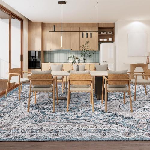 Foxmas 8x10 Area Rugs for Living Room, Machine Washable Vintage Rug, Non-Slip Low Pile Throw Rugs with Rubber Backing Washable Carpet for Bedroom Dining Room Kitchen Home Decor, Blue