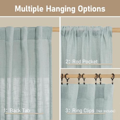 LAMIT Short Linen Window Curtains 30 Inches Long 3 Panels, Greyish Blue Semi Sheer Light Filtering Panels Back Tab and Rod Pocket Neutral Drapes for Basement/Small Windows, 34 x 30 Inch