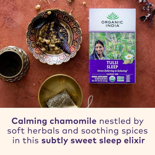 ORGANIC INDIA Tulsi Sleep Herbal Tea - Holy Basil, Ashwagandha, Chamomile, Night Time Tea for Bedtime, Stress Relieving & Relaxing, Immune Support, USDA Certified Organic - 18 Infusion Bags, 1 Pack