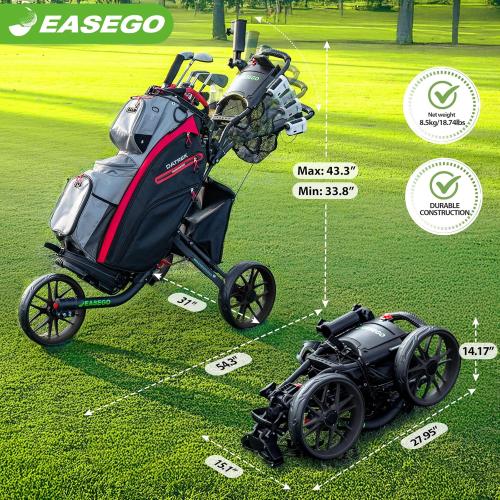 EASEGO Golf Push Cart 3 Wheel : Golf Bag Cart Foldable with Phone Holder/Cup/Umbrella Holder Compact Golf Pull Carts Quick Fold Golf Caddy Push Carts with Large Wheelbase for Different Terrain