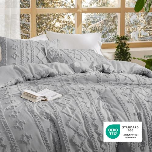 90X90 size Bedsure Tufted Boho Comforter Set90x90 Size - Light Grey Boho Bed Set, GentleSoft™ 3 Pieces Farmhouse Shabby Chic Embroidery Bedding, Gifts for Woman, Soft Jacquard King Comforter for All Seasons