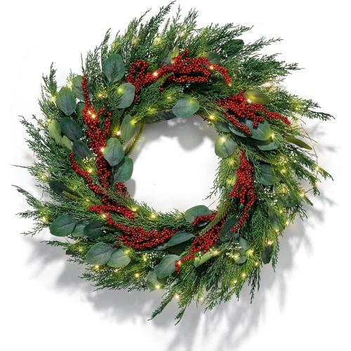 LampLust Winter Wreaths for Front Door Outside, 24 Inch Cypress & Eucalyptus Wreath with Red Berries 100 LED Lights, Timer, Battery Powered, Farmhouse Wreath Year Round, Winter Wreaths for Indoors