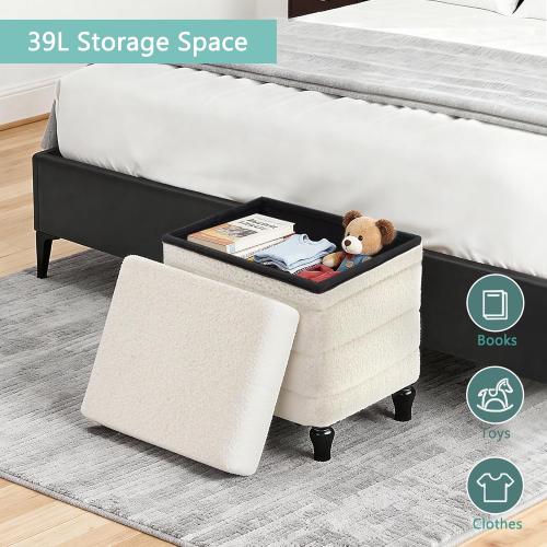 CAROLMADE Folding Storage Ottoman Cube Sherpa Footstool with Wood Legs Ottoman Footrest for Living Room and Bedroom, White 15x12.6x15.4