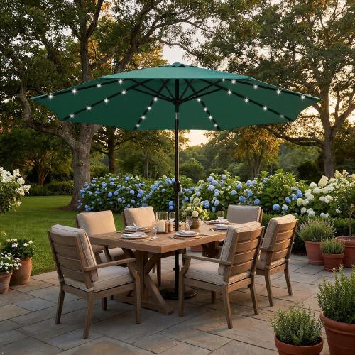 Yaheetech 9FT Patio Umbrella with Solar Lights - UV Protection Market Table Umbrella w/ 32 LED Lights & Push Button Tilt & Crank Lift System for Garden/Lawn/Deck/Backyard/Pool,Dark Green