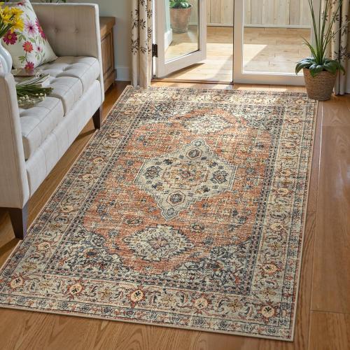 Lahome Oriental Washable Rug, 3x5 Rugs for Bedroom Living Room Entryway, Vintage Ultra-Thin Non-Slip Soft Throw Carpet for Kitchen Office Entrance, Peach/Orange