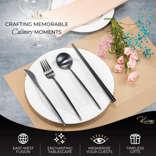 KiiZYs Matte Black Silverware Set - 8-piece Modern Flatware Stainless Steel Chopsticks – Kitchen Utensils Gifts for Couples - Cutlery Spoon Fork Knife Dishwasher Safe New Home (Black, Service for 2)