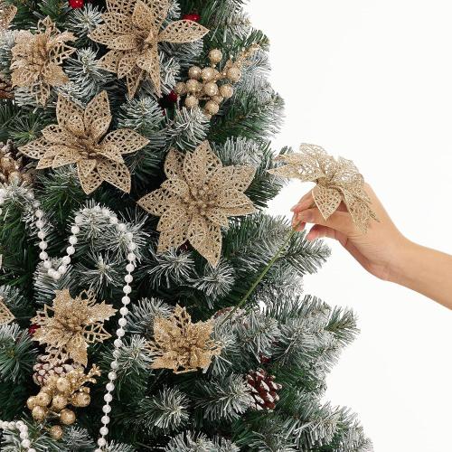 Zhuqing 22Pcs Christmas Poinsettia Artificial Flowers and Glitter Berries Stems Kit, 16Pcs Christmas Tree Flowers Ornaments and 6 Pack Christmas Tree Picks for Wedding Holiday Decorations (Champagne)