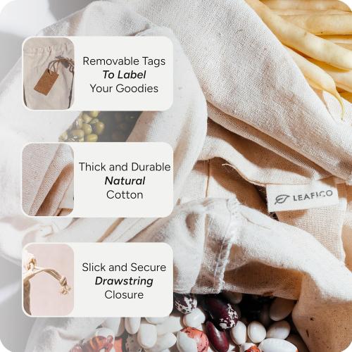 LEAFICO Cotton Storage Bags – X-Large 14x17 Inch (5-Pack) – Reusable Muslin Bags with Drawstrings – Biodegradable Canvas Fabric Sacks – Perfect for Bread, Bulk Produce, Potatoes, Onions, Shoes