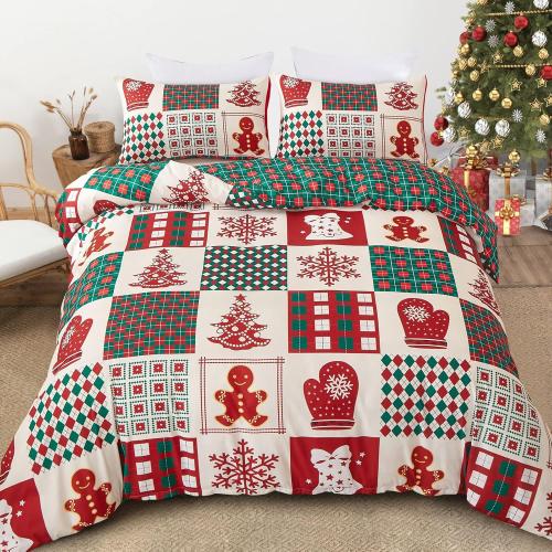 Dobuyly Christmas DuveSet Queen Christmas Tree Snowflake Bell Pattern Patchwork Bedding Set Reversible Red Green Plaid Xmas Comforter Cover with 2 Pillowcases
