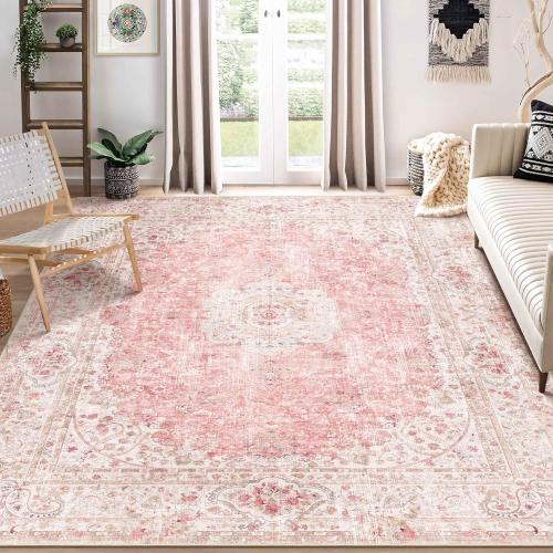 8x10 Area Rugs Washable,Pink Rug for Living Room Bedroom Dining Room,Large Boho Vintage Bohemian Distressed Carpet Non Slip,Blush
