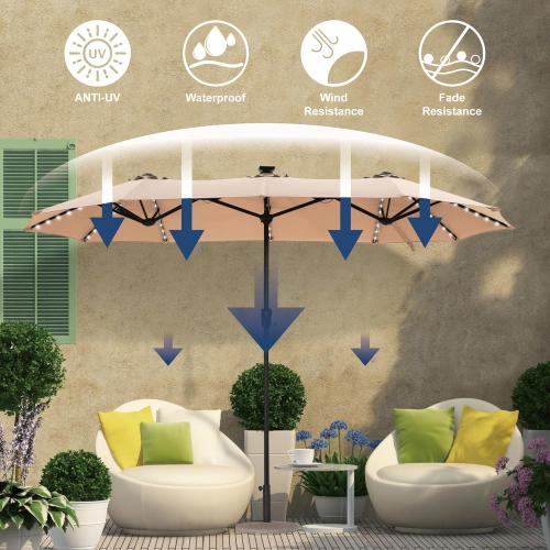 HERA'S PALACE 13ft Patio Umbrella with 120 LED Solar Lights Double Sided Outdoor Umbrella for Patio 8 Colors Changing Table Umbrella Outdoor Patio for Garden Pool