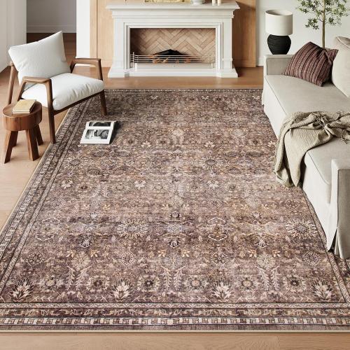 Size 8x10 Color Brown Lahome Oriental Rugs for Bedroom 8x10, Boho Washable Red Rugs for Living Room, Soft Rubber Backed Anti-Skid Floor Carpet for Dining Room Department, Distressed Red