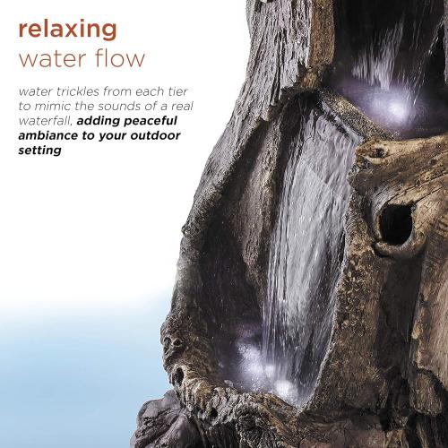 Alpine Corporation WIN258 Outdoor Rainforest Waterfall Tree Trunk Floor Fountain with LED Lights, Tiered Garden Decor, 41 H, Brown