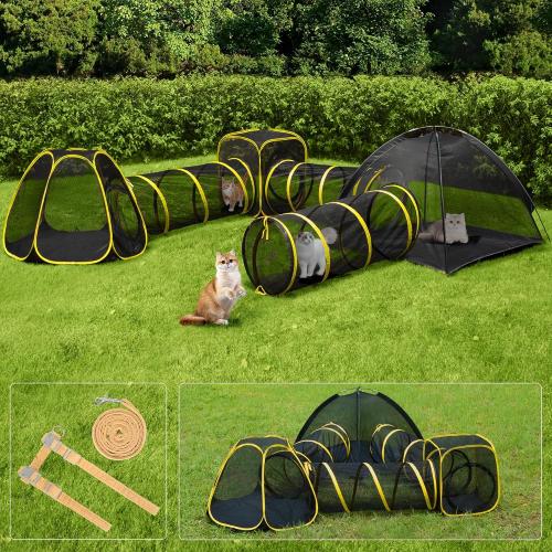 VIVOHOME 6-in-1 Outdoor Cat Enclosure with Playhouse, 2 Tents & 3 Tunnels - Portable Cat Playground with Leash and Mint Ball for Indoor/Outdoor Use, Yard Balcony Camping Safety