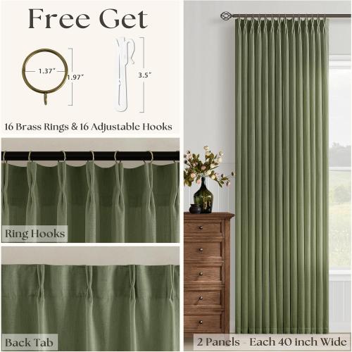 90 Inch Pleated Linen Olive Green Curtains for Living Room 2 Panels Semi Sheer Light Filtering Pinch Pleat Hooks Rings Back Tab Drapes Moss Green Farmhouse Boho Curtains 90 Inches Long Bedroom Window