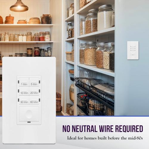 ENERLITES 1-Hour Countdown Timer Switch, 1-5-10-20-30-60 Min, for Bathroom Fans, Heaters, Lights, LED Indicator, 120VAC 800W, No Neutral Wire Required, UL Listed, HET06-J6-W, White, 1 Pack