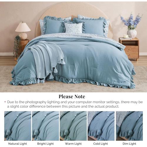 BLOOMHAVEN Oversized Queen Comforter Set - 7 Pieces Ruffle Blue Bedding Sets, Shabby Chic Farmhouse Bed in a Bag with Ruffle Comforter, Floral Sheets, Pillowcases & Shams