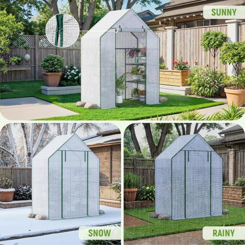 Greenhouse for Outside with Screen Windows, Outdoor Walk in Greenhouses with Durable PE Cover, 57 x 57 x 76'' Small Portable Green House with Shelves Stands,White