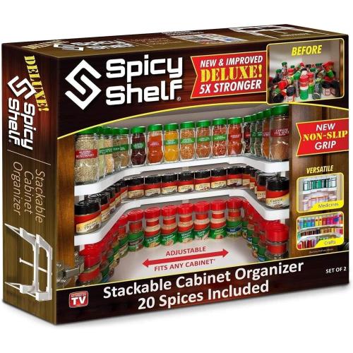 Spicy Shelf with 20 Jars of Spices inclded - Expandable Spice Rack and Stackable Cabinet & Pantry Organizer - Cabinet Spice Racks for inside Cabinets