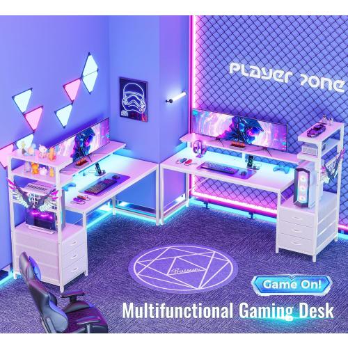 PRAISUN 61.7 Gaming Desk with LED Lights & Outlets, Computer Desk with 3 Fabric Drawers, PC Desk with PC Case Stand & Movable Storage Shelves, Monitor Stand, Reversible, White
