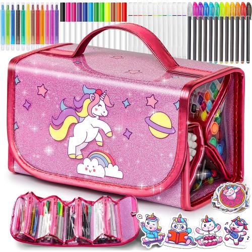 beefunni Unicorn Washable Markers Set 48 pcs with Glitte Pencil Case, Art Supplies for Kids Ages 4-6-8, Arts Crafts Coloring Set with Stickers - Birthday Gifts for Girls 4 5 6 7 8 9 Year Old