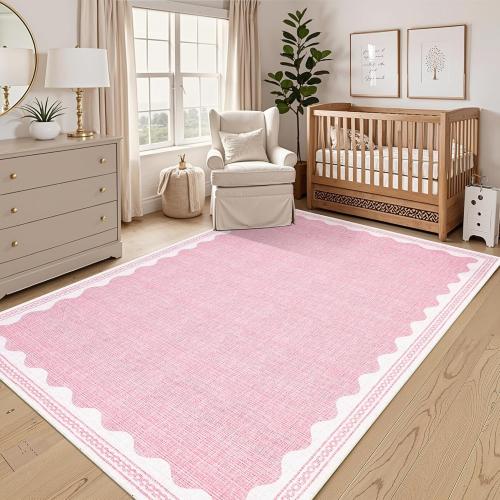 GarveeHome Scalloped 3x5 Washable Rug Non-Slip Low-Pile Indoor Rugs for Entryway Solid Pink Modern Minimalism Carpet for Bedroom Living Room Kitchen Bathroom Indoor Mat  ***? PINK***