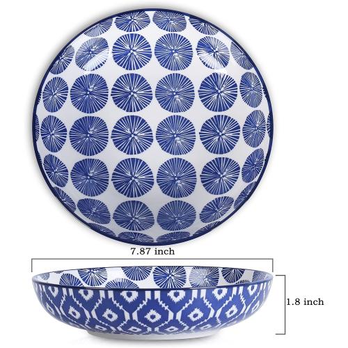 Selamica Porcelain 26 Ounce Pasta Bowls Set of 6, 8 inch Wide and Shallow Salad Bowls, Serving Bowls, Microwave & Dishwasher Safe, Sturdy & Stackable, Vintage Blue