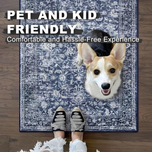 KILOCOCO Area Rug 8x10 Living Room Rug Washable Printed Vintage Floral Non Slip Soft Rubber Backed Indoor Bedroom Rugs for Laundry Room Kitchen Playroom Moroccan Area Rugs, Blue