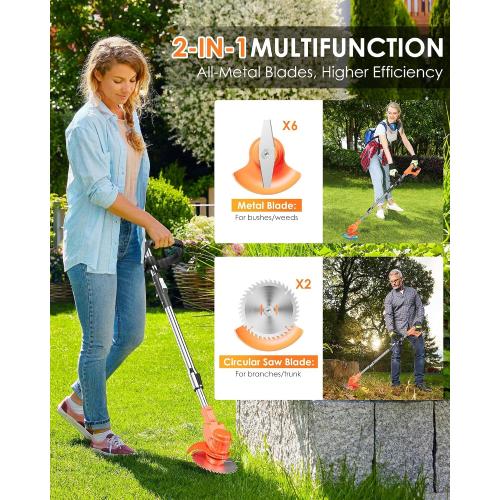 21V Cordless Weed Wacker, Lightweight 3-in-1 Grass Trimmer/Brush Cutter/Edger, Battery Powered Weed Eater with 2×2.0Ah Batteries, Foldable Electric Lawn Mower, 2 Types Blade & Wheels for Garden Yard
