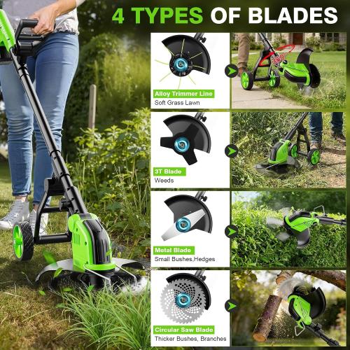 Kihoplly 12 Stringless Weed Wacker Cordless Eater, 21V 6000mAh Battery Powered Trimmer Edger Lawn Tool, 20000 RPM Powerful Electric Wheeled Lawn Edger with Blades, Foldable& Lightweight Brush Cutter | 6000mAh Battery Powered Trimmer Edger, Electric Wheeled Lawn Edger with Blades, Foldable& Lightweight Brush Cutter
