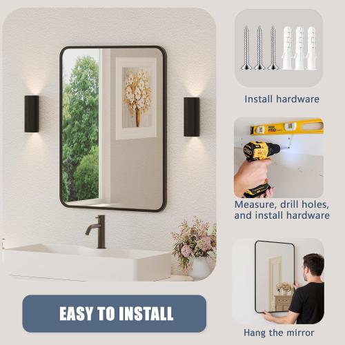 Black Bathroom Mirror for Over Sink - 22×30 Rectangle Bathroom Vanity Mirror Wall Mounted with Matte Aluminum Frame & Rounded Corners, Shatterproof Glass, Horizontal/Vertical