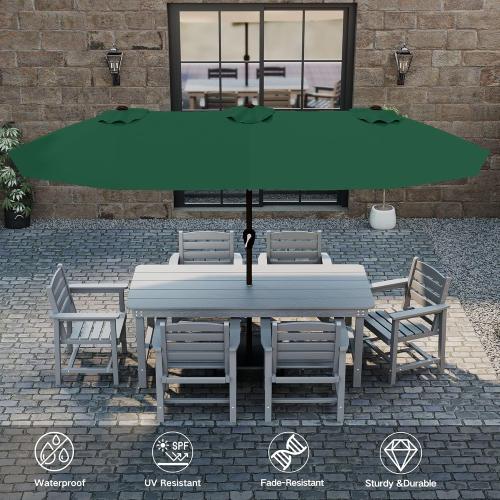 Kingdura 15ft Large Patio Umbrella with Solar Lights, Double-Sided Rectangle Outdoor Table Umbrella with Base Included, 12 Reinforced Ribs, 48 Led Lights, Crank Lift for Market Pool Deck, Dark green