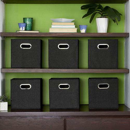 Household Essentials Foldable Fabric Storage Bins 6 Piece Set, Strong Poly-Woven Fabric, Sturdy Chipboard Sides, Grommet Front Handle, Stackable, Classic Design, Black