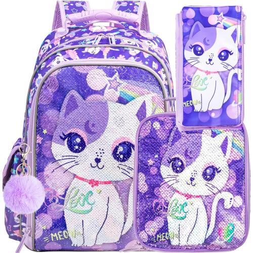 Color purple  3PCS Cat Uni Dinosaur Backpack for Girls and Boys, 16 Kids Bookbag and Lunch Box, Preschool Backpacks for Elementary