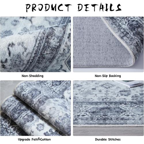 Rugcomf Runner Rug Small Hallway Washable Boho Soft Area Rug Non-Slip Faux Wool Vintage for Kitchen, Entryway, Laundry, Bedroom, Indoor (Grey and White)