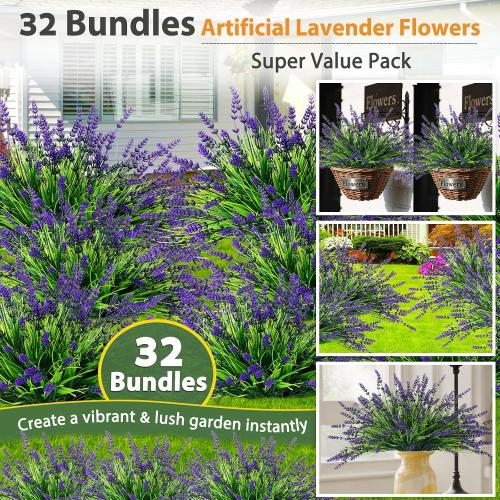 32 Bundles Faux Lavender Plants Outdoor, UV Resistant Fake Lavender Flower