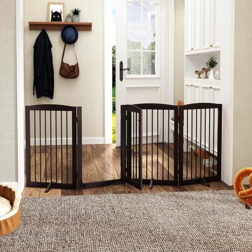 Freestanding Dog Gates with Door Walk Through, 80 inch Wide Gates Indoor, Dog Fences Indoor, Support Feet Included, 4 Panels, 32 Tall, Dark Brown
