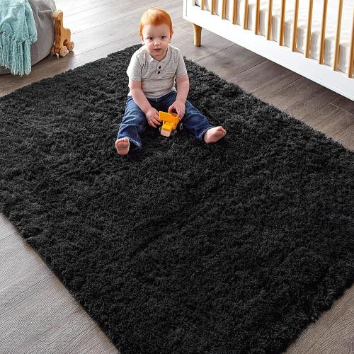Ophanie Black Area Rugs for Bedroom Living Room, 4x6 Fluffy Fuzzy Shag Shaggy Carpet Soft Plush Furry Bedside Rug, Indoor Floor Rug for Kids Girls Boys Home Decor Aesthetic, Dorm Nursery