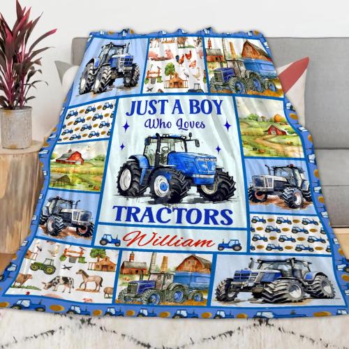 Custom Just A Boy Who Loves Tractors Blankets Gifts for Birthday Son On Bed Sofa,Personalized Premium Flannel Blankets for Christmas Thanksgiving, All Season Use 50''x 60'' -M
