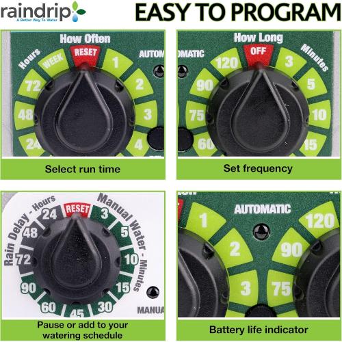 Raindrip R675CT Analog 3-Dial Water, Sprinkler Timer with Rain Delay for Drip Irrigation, Garden, Self-Watering