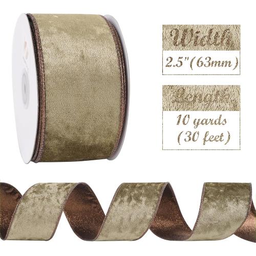 HUIHUANG Brown Velvet Wired Ribbon 2.5 inch Velvet with Glitter Copper Brown Christmas Ribbon for Tree Decorations, Bows, Wreath, Garland, Gift Wrapping, Fall Decor- Continuous 10 Yards